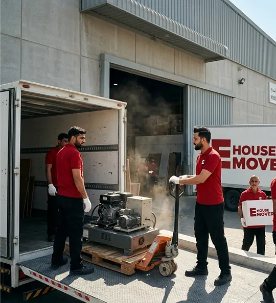 E House Mover crew relocating premises in Mussafah