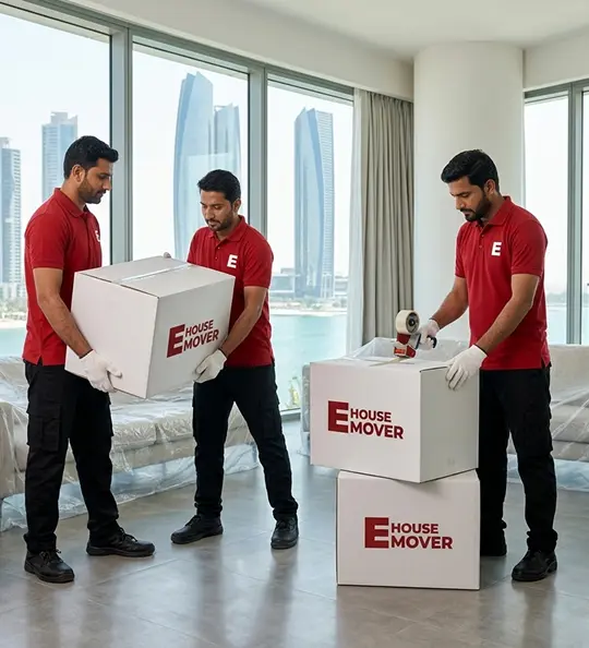 E House Mover crew relocating a tower apartment on Al Reem Island