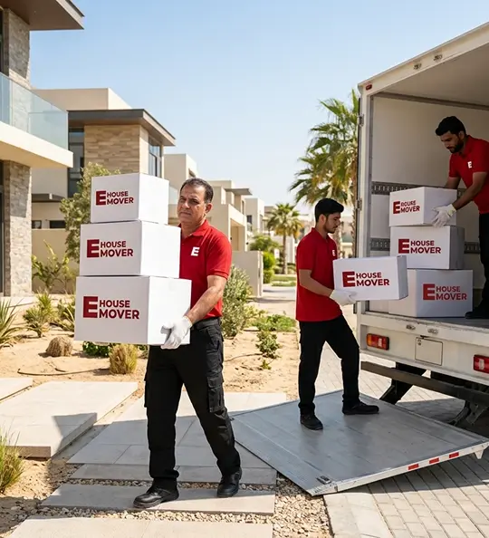 E House Mover crew relocating a home in Al Reef