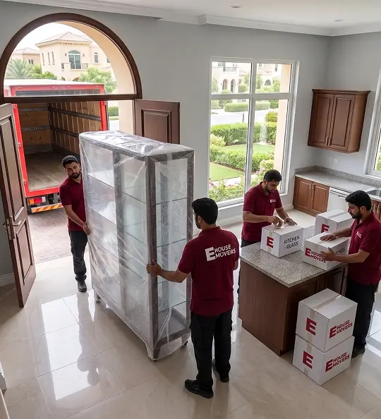 Ehouse Mover crew relocating a home in Al Ghadeer Village